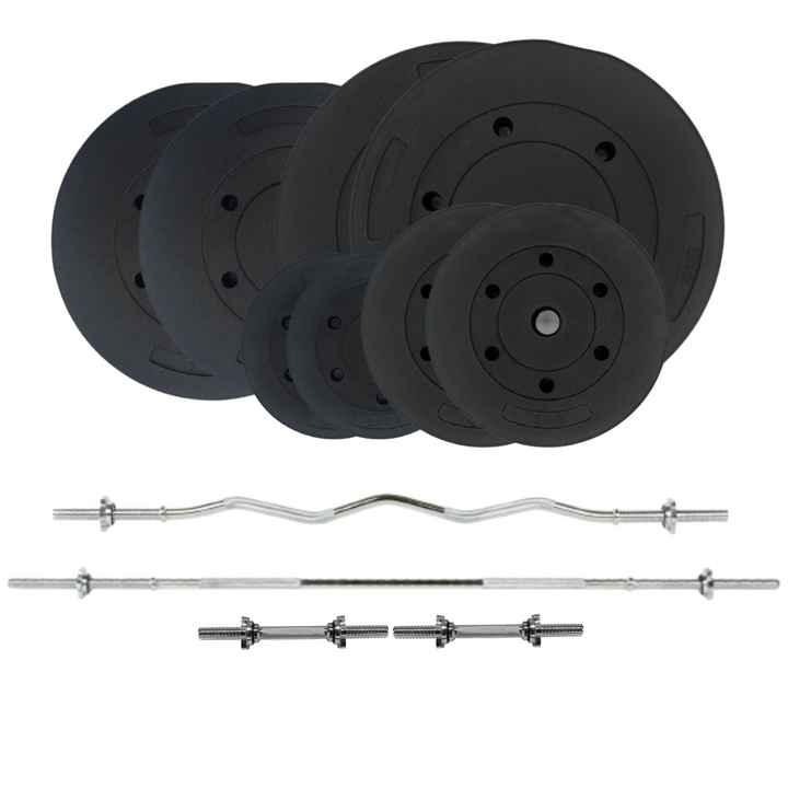 220LB Plastic coated weight plates with dumbbell handles and barbell bars