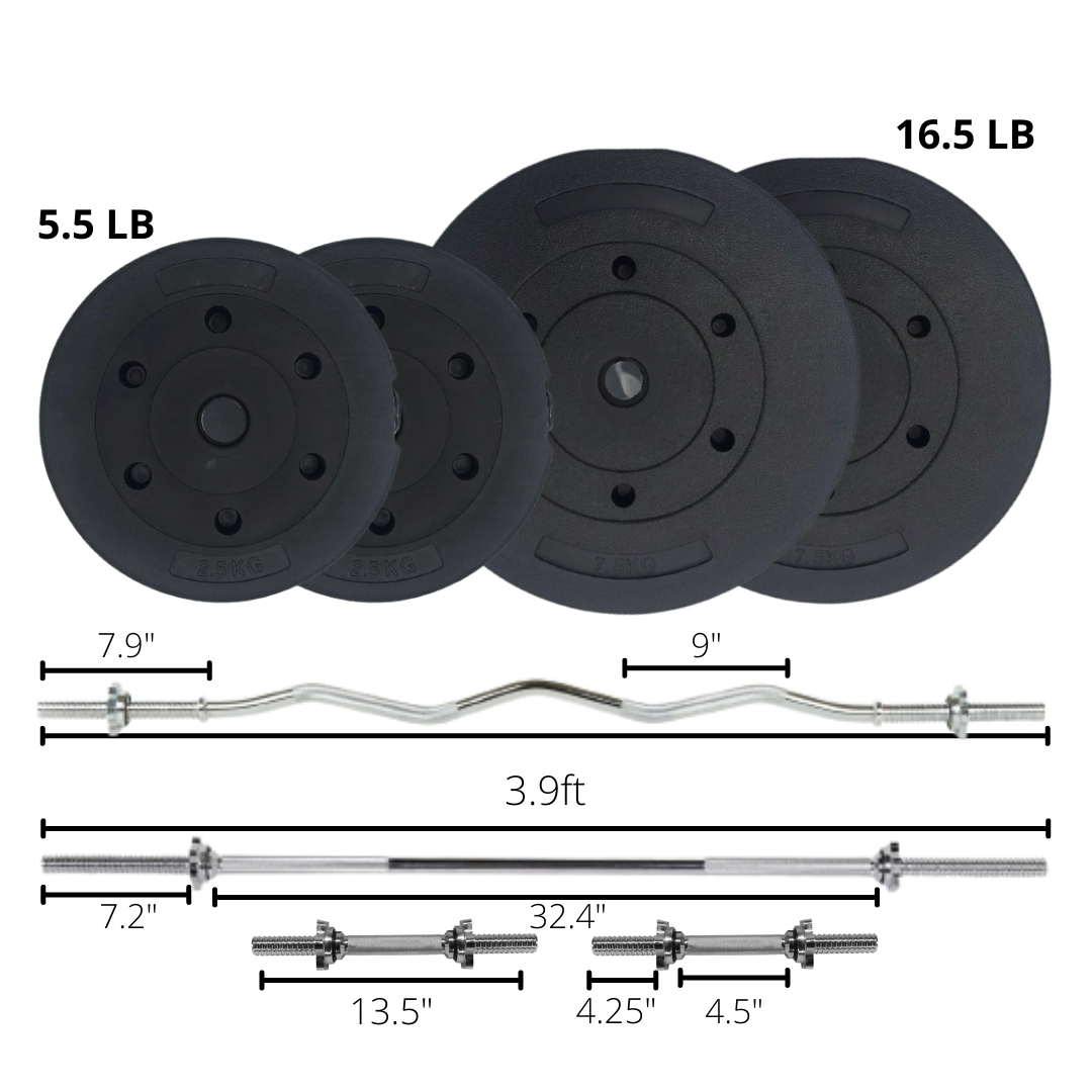 44lb Plastic plates and barbell set