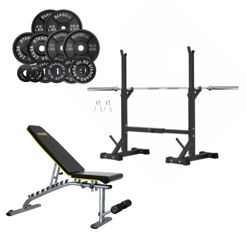 245lb weights, squat rack, bench, barbell