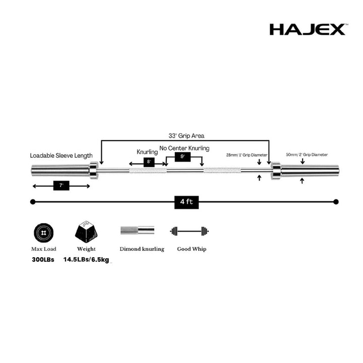 HAJEX Olympic and Standard Barbell Bars with Bearings and High Loading Capacity