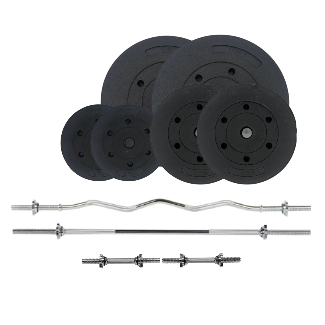 Plastic weight plates set with Barbell bars