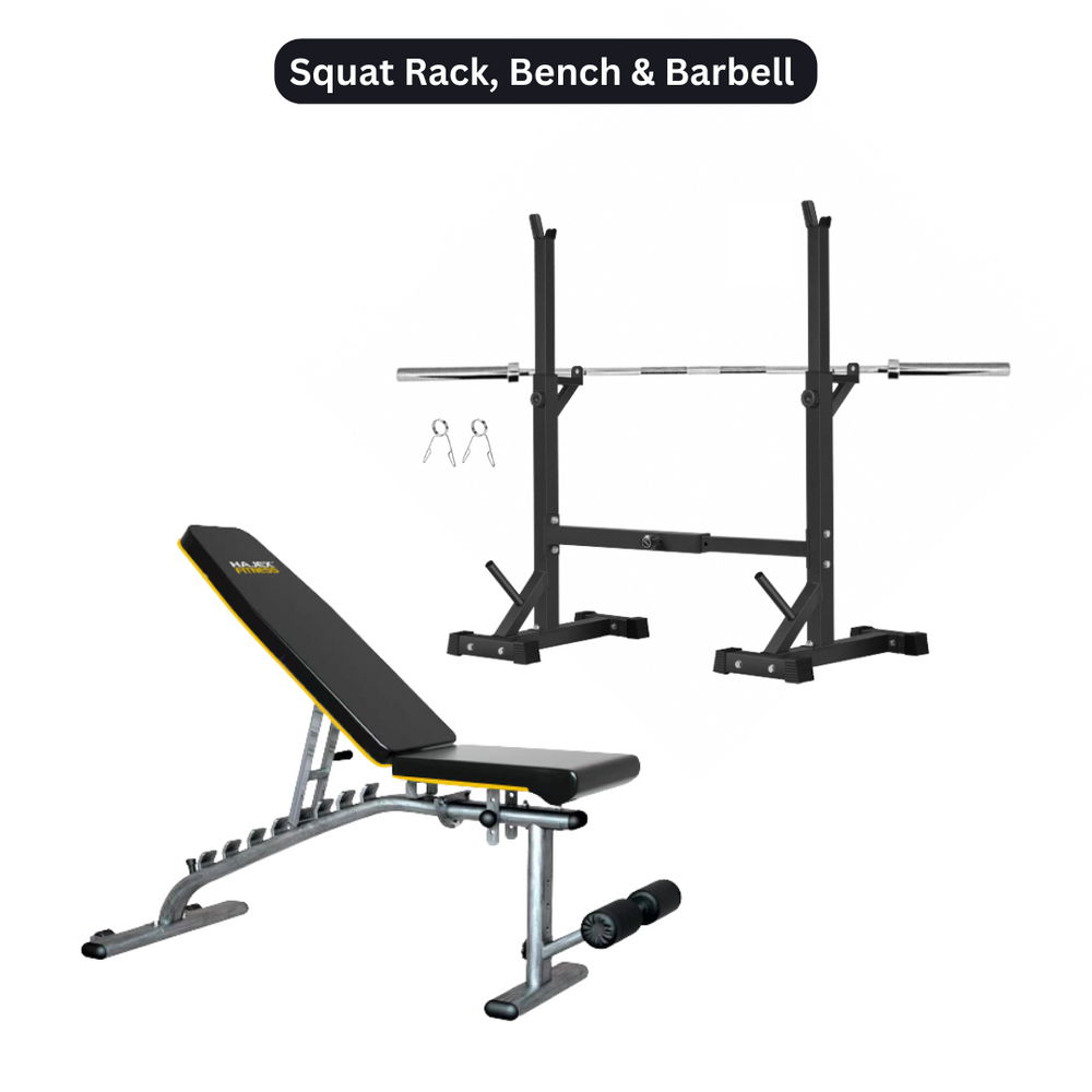 Squat Rack, Bench & Barbell