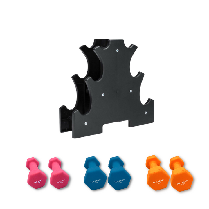 colorful handweights set with rack