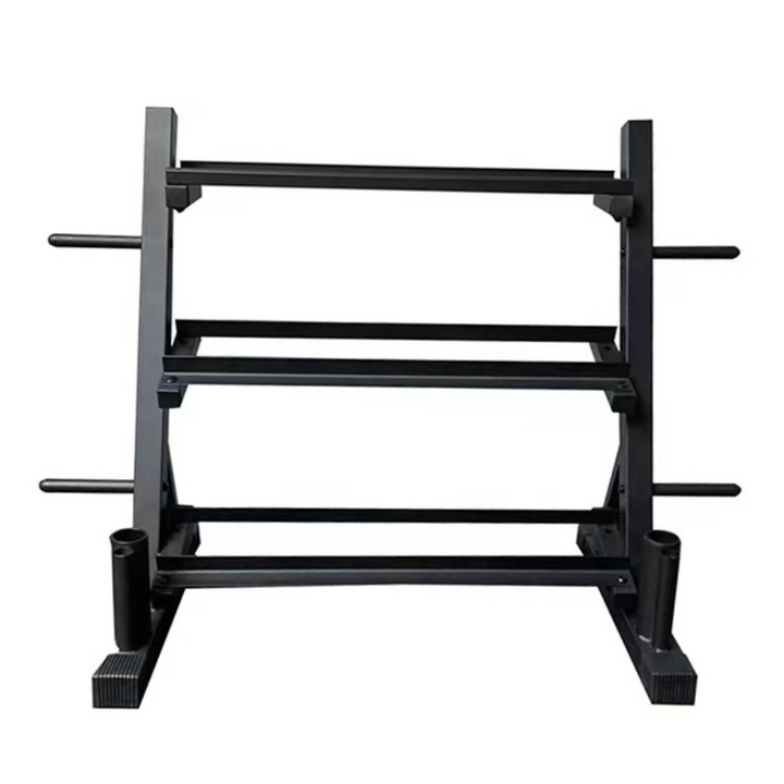 dumbbell rack with barbell and weight plate holder