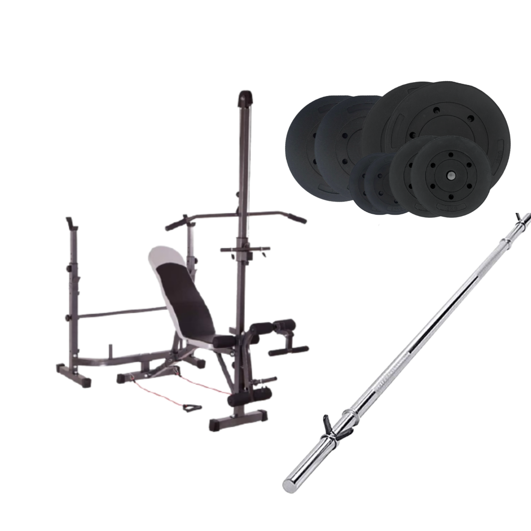 HAJEX Workout bench and weight plates with 6ft barbell