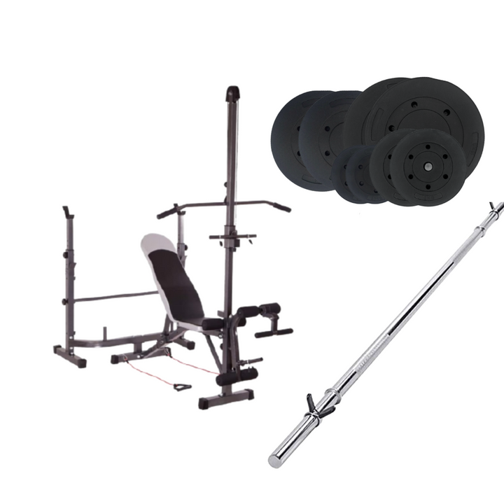 HAJEX Workout bench and weight plates with 6ft barbell