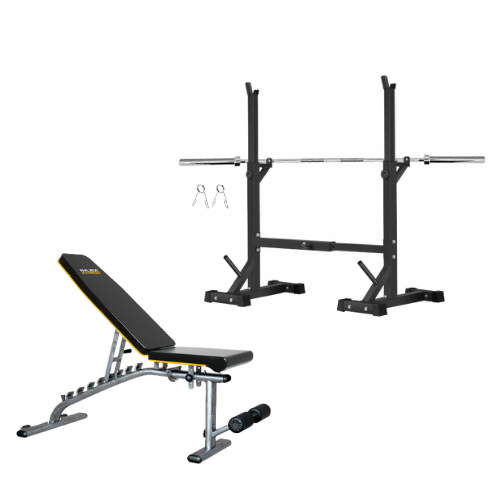 Squat rack bench and barbell