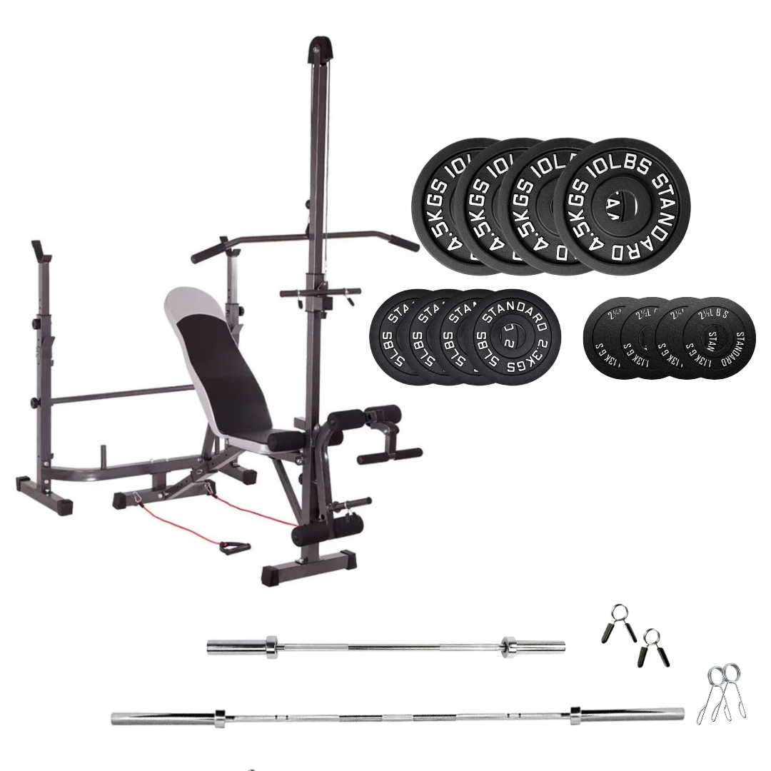 workout bench with weight plates 70 lb cast iron