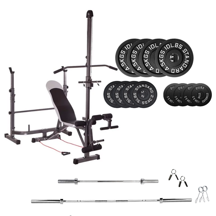 workout bench with weight plates 70 lb cast iron