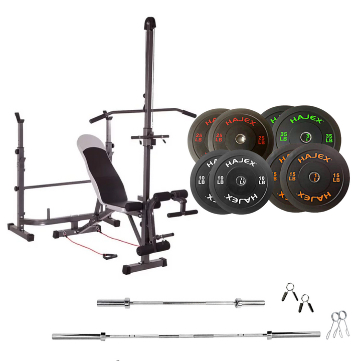 workout bench with weight plates 170 lb rubber bumper