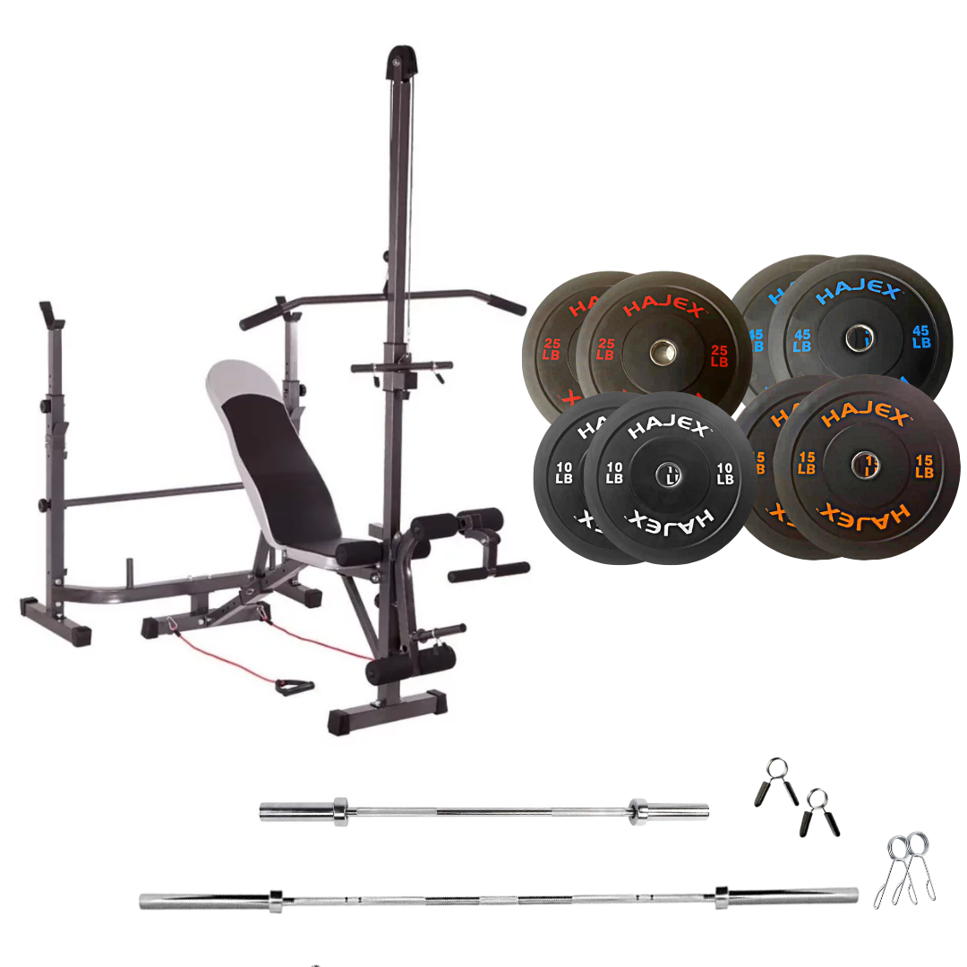 workout bench with weight plates rubber bumper 190 lb
