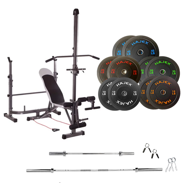 workout bench with weight plates 260 lb rubber bumper