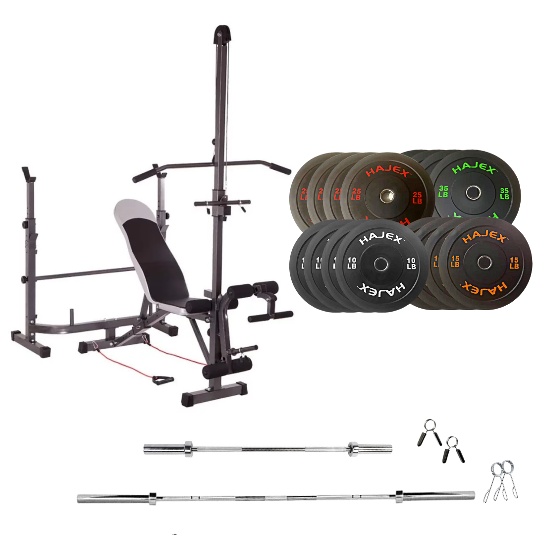 workout bench with weight plates 340 lb rubber bumper