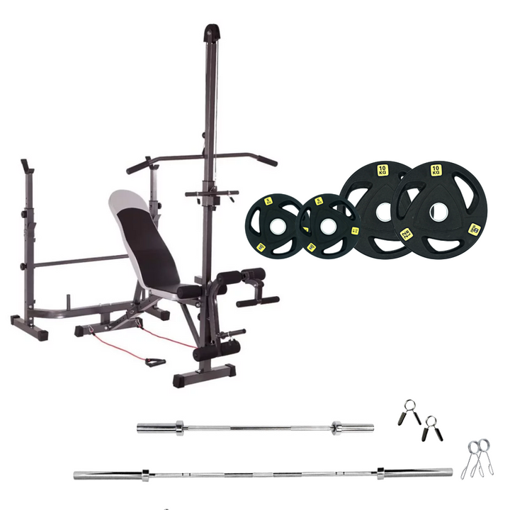 workout bench with weight plates 66lb rubber olympic