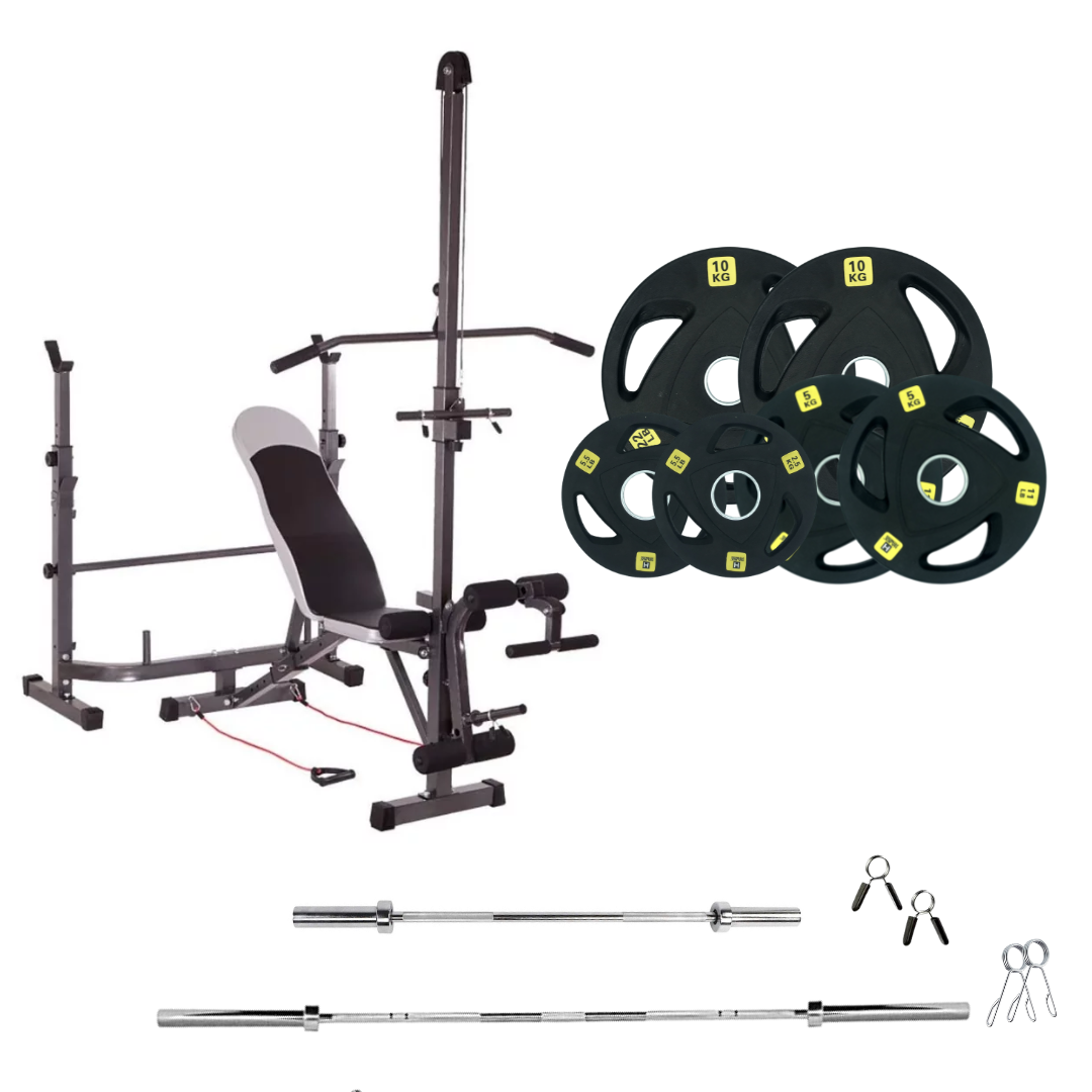 workout bench with weight plates 77lb rubber olympic