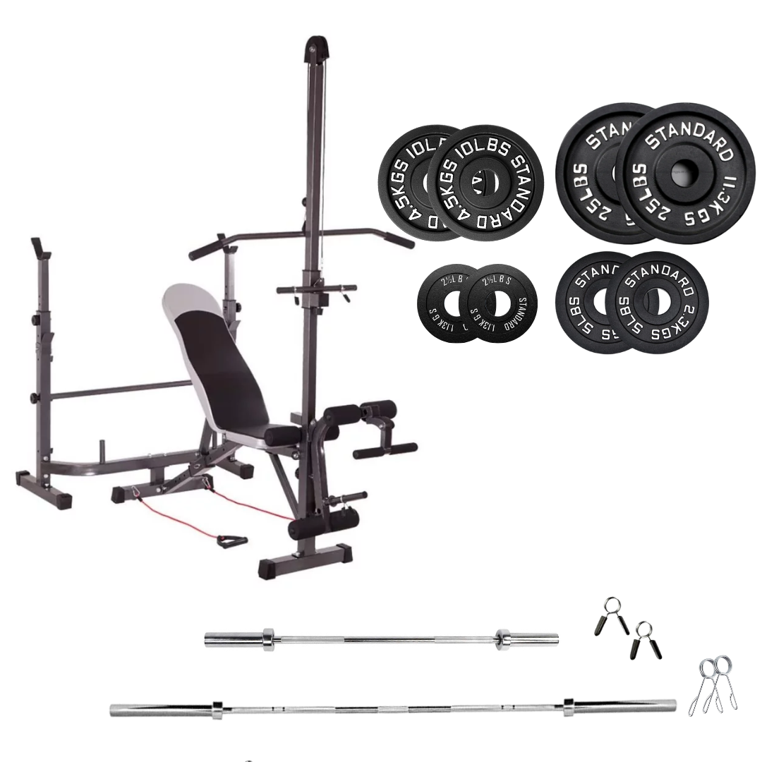 workout bench with weight plates 85 lb cast iron