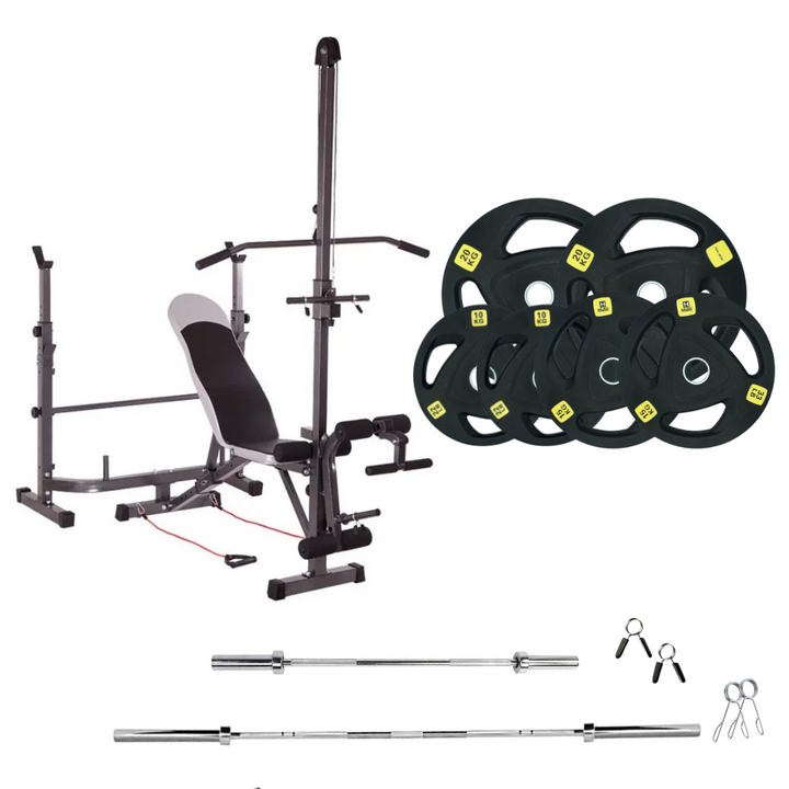 workout bench with weight plates 198 lb rubber olympic