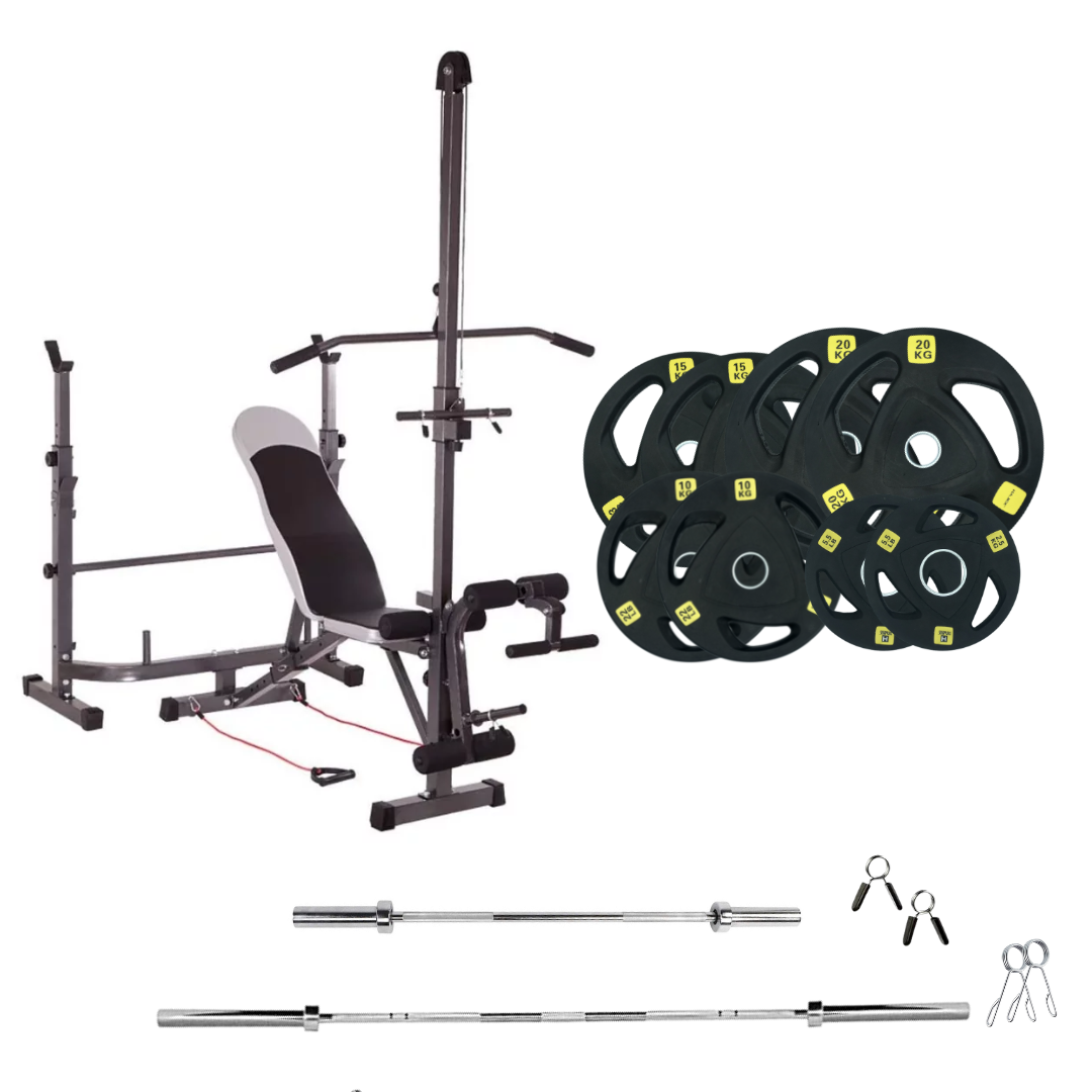 workout bench with weight plates 231lb rubber olympic