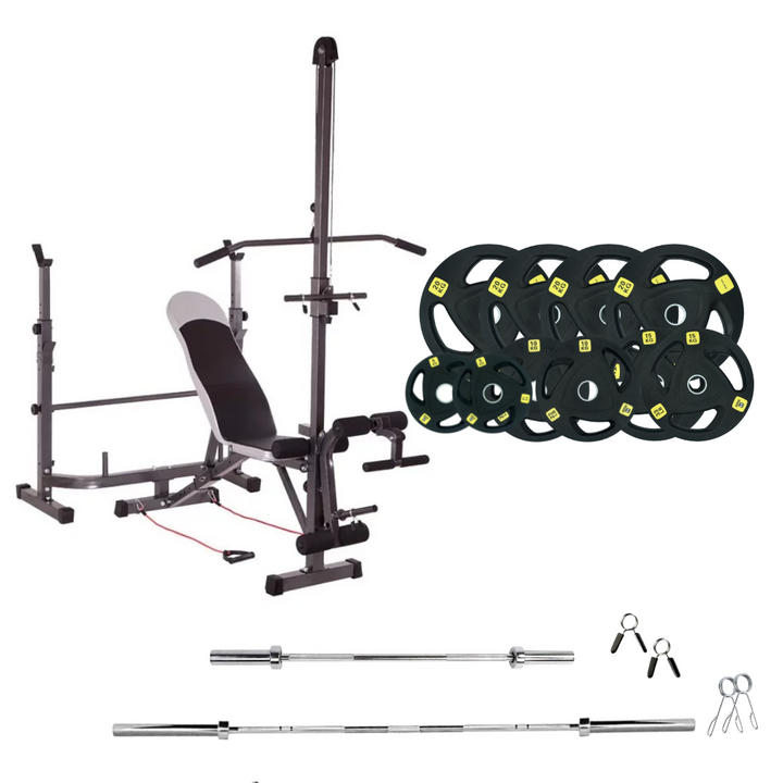 workout bench with weight plates 308lb rubber olympic