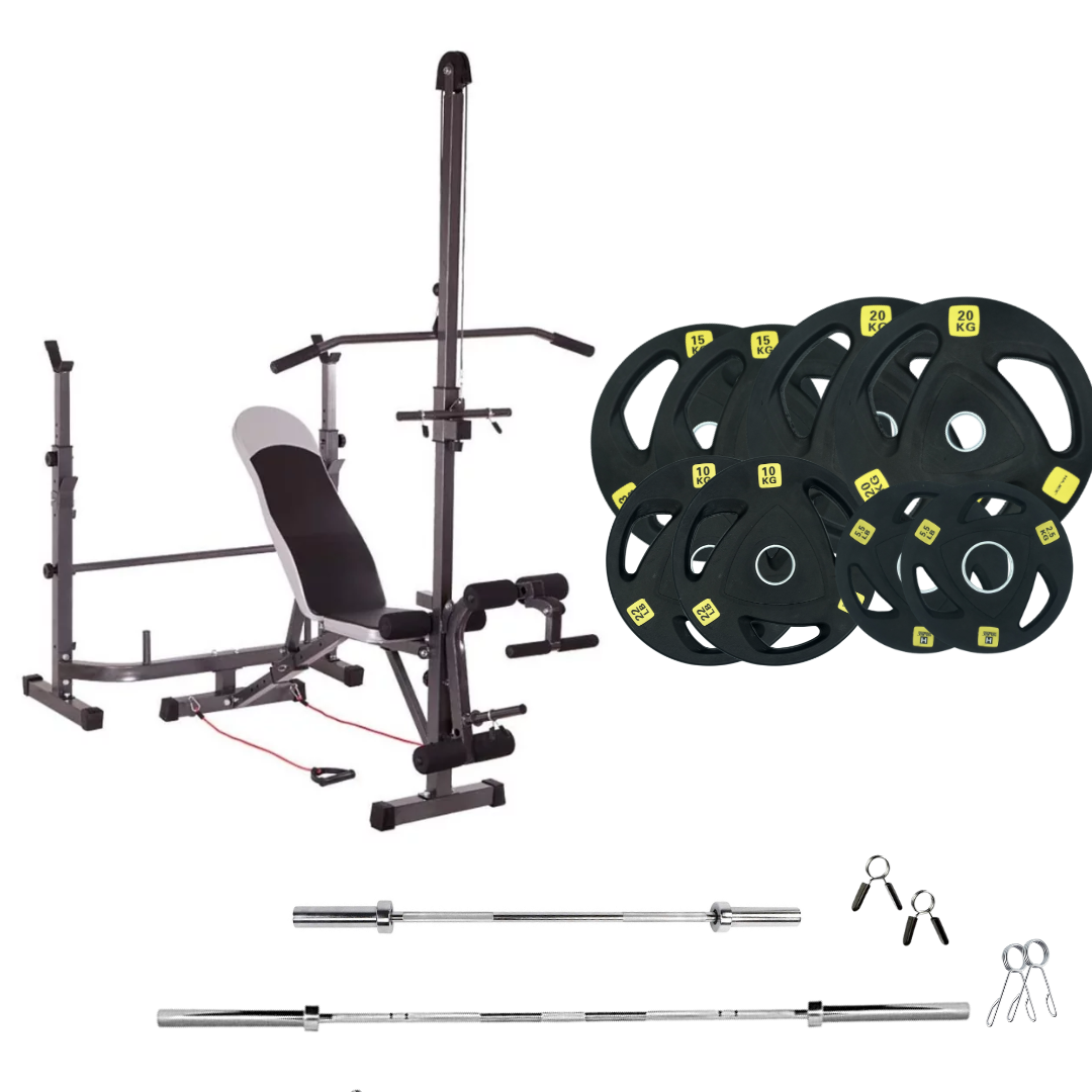workout bench with weight plates  319 lb rubber olympic