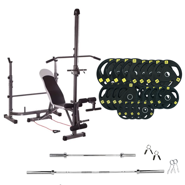 workout bench with weight plates 462 lb rubber olympic