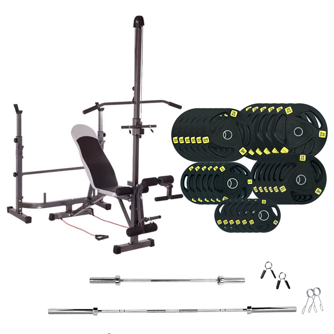 workout bench with weight plates 693lb rubber olympic