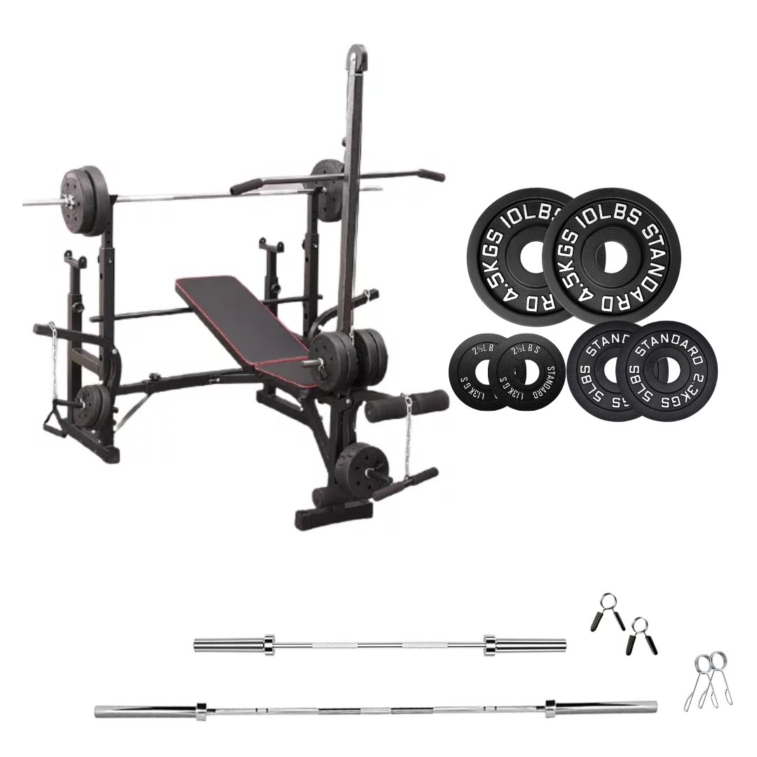 workout bench with weight plates 35 lb cast iron