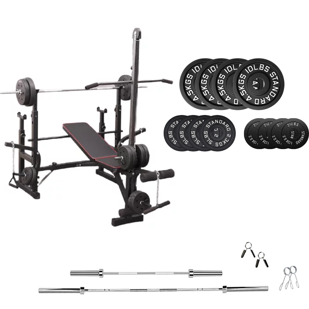 workout bench with weight plates 70  lb