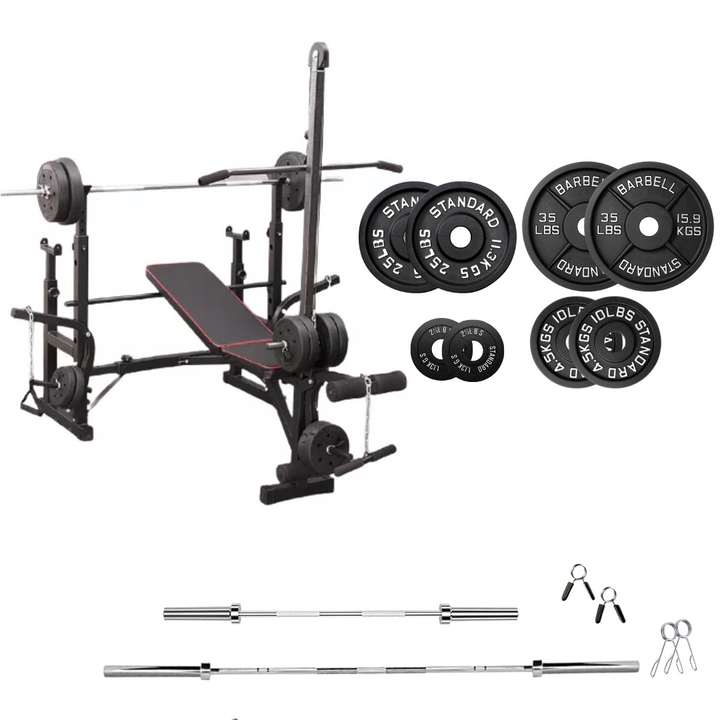 workout bench with weight plates 145 lb