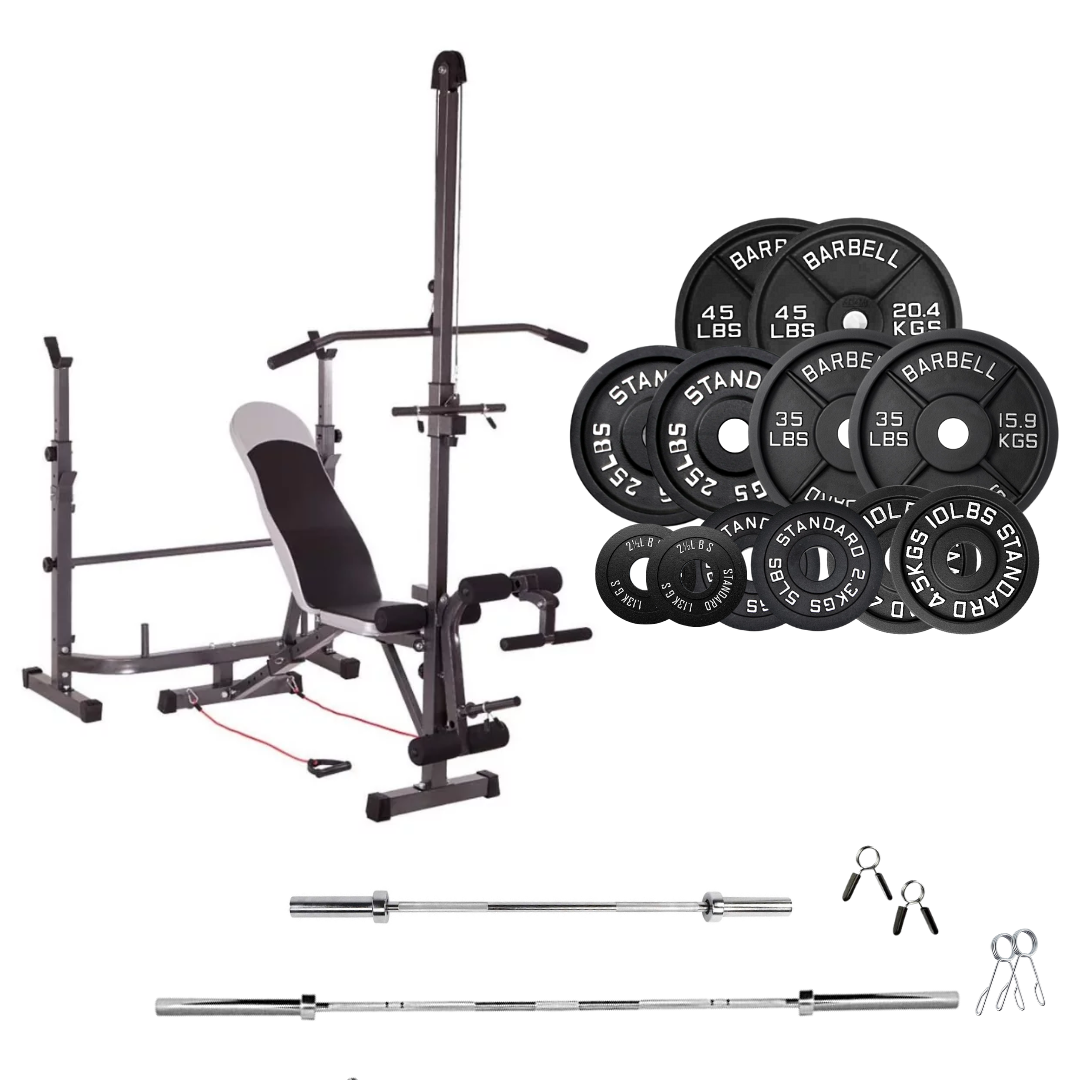 workout bench with weight plates 245 lb cast iron