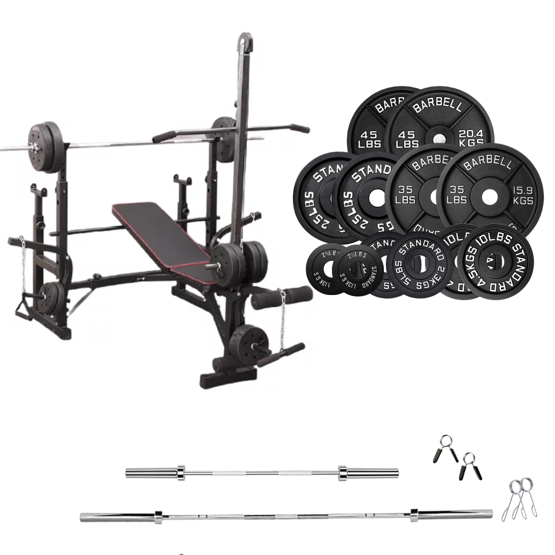 workout bench with weight plates 245 lb