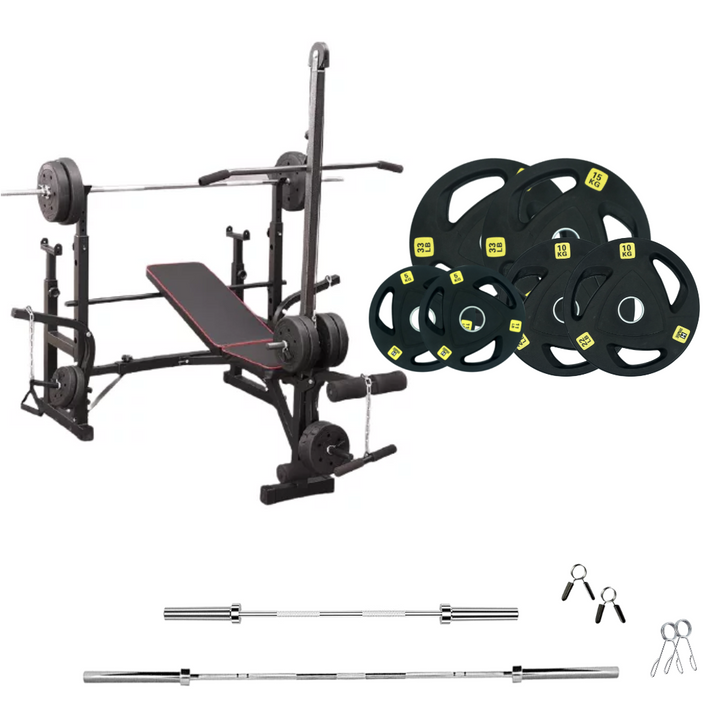 workout bench with weight plates 132 lb