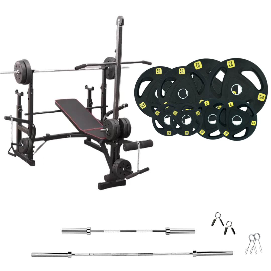 workout bench with weight plates 143 lb