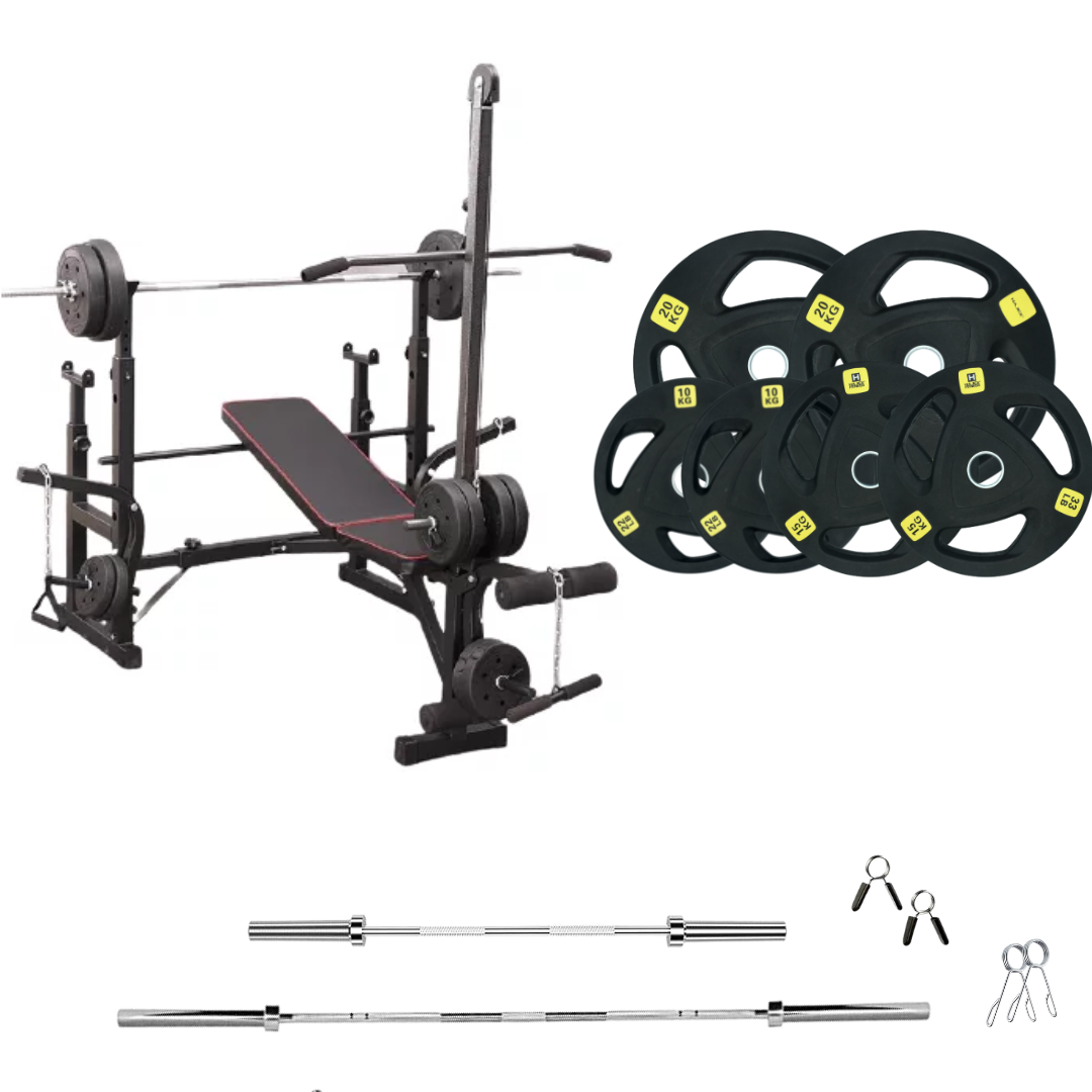 workout bench with weight plates 198 lb