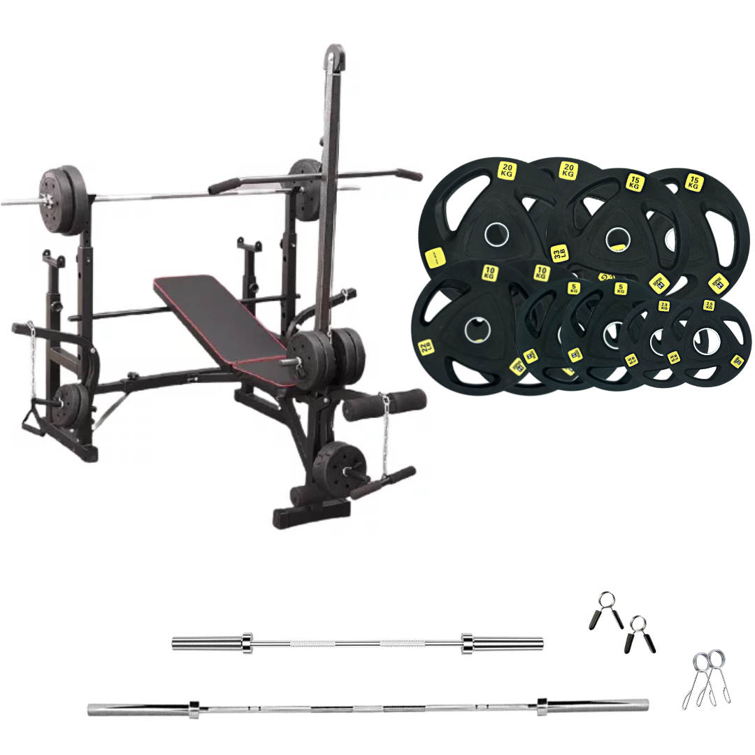 workout bench with weight plates 231lb