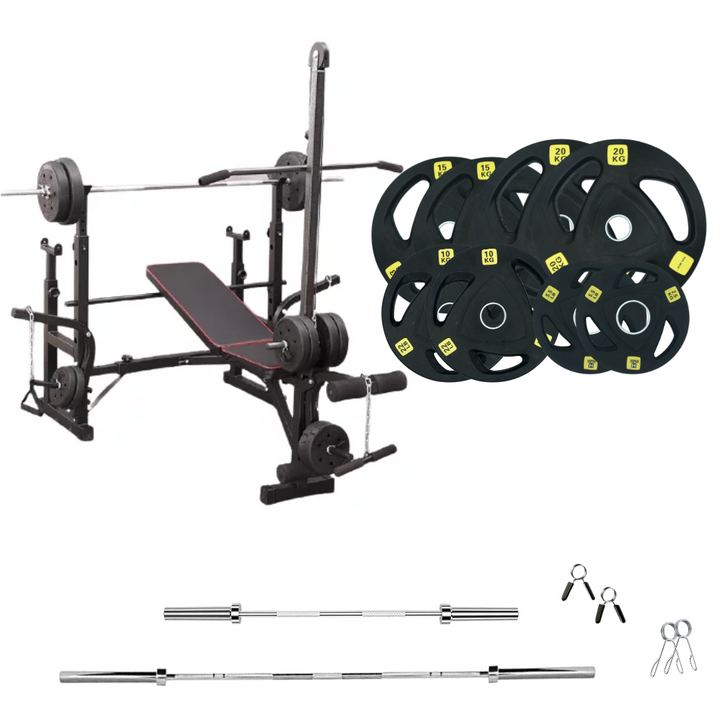 workout bench with weight plates 319lb