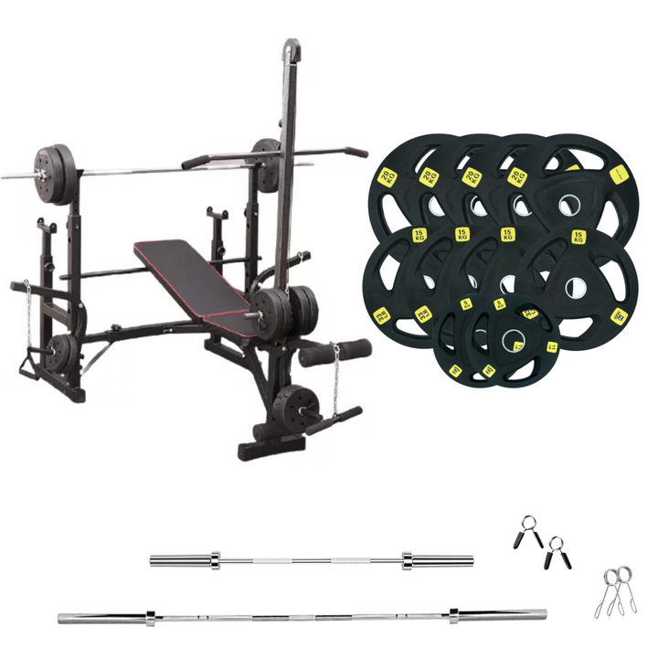 workout bench with weight plates 330lb