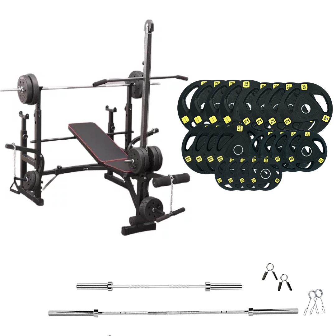 workout bench with weight plates 462lb