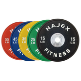 HAJEX colour-coded Olympic competition bumper plates with steel hubs