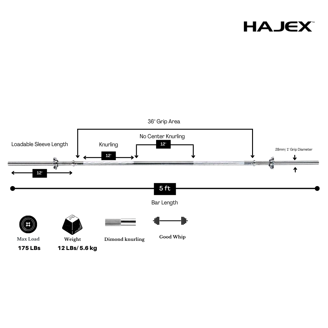 5ft straight barbell knurling HAJEX standard bar spring lock (3)