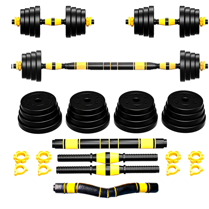 Adjustable dumbbell set with barbell rod yellow