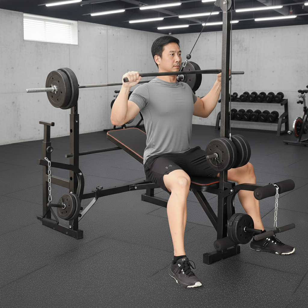 Adjustable Workout Bench with Lat Pulldown Pulley, Scott Bench & Barbe ...