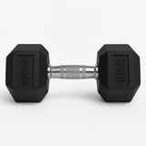 HAJEX 10 LB rubber hex dumbbell with black rubber-encased hexagonal heads and chrome-plated handle