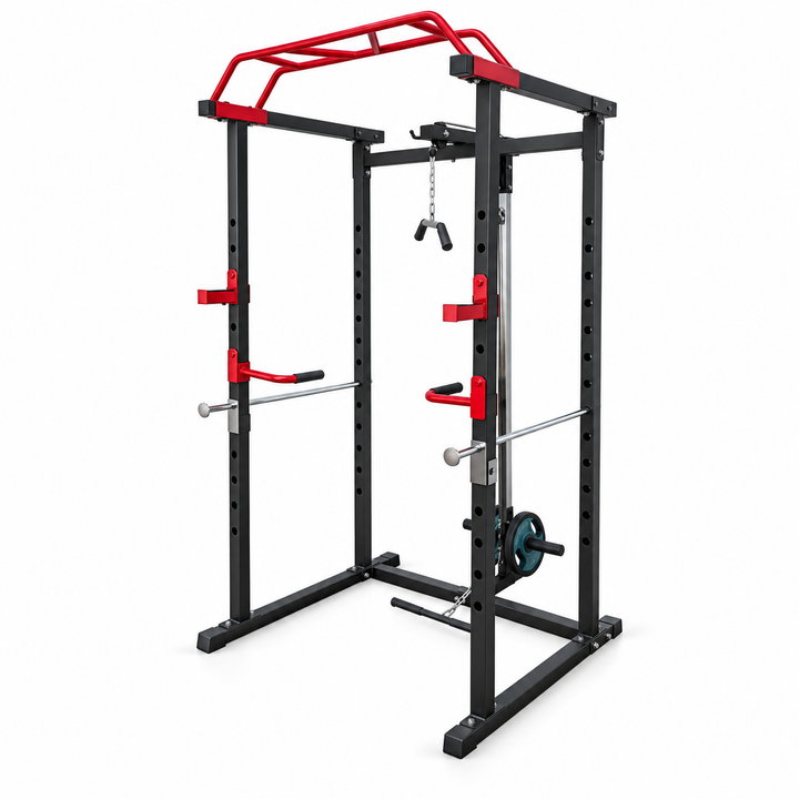 Power Squat Rack with Spotter Arms and 10+ Accessories