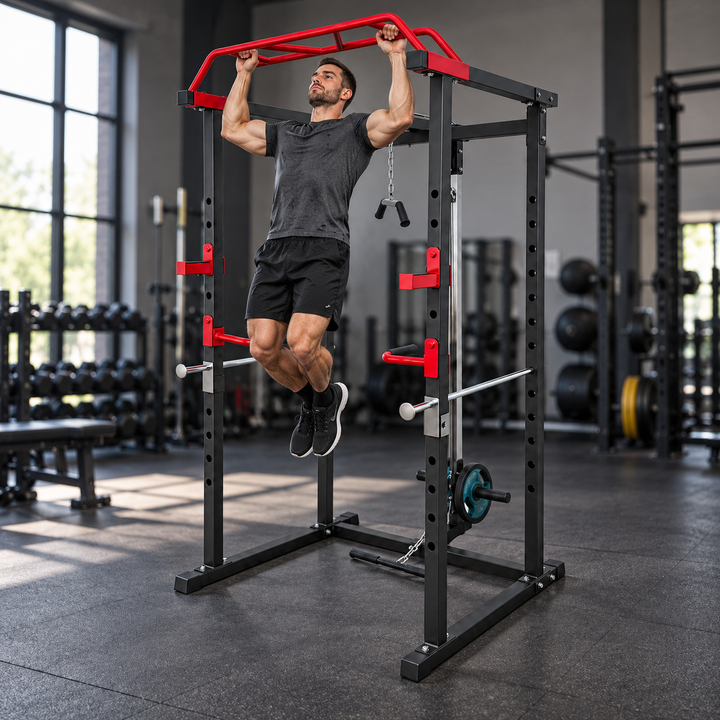 Power Squat Rack with Spotter Arms and 10+ Accessories
