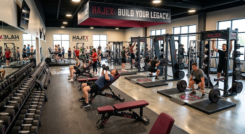 A gym kitted out with HAJEX racks, benches and dumbbells