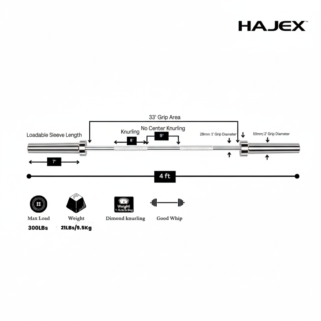 HAJEX Olympic and Standard Barbell Bars with Bearings and High Loading Capacity