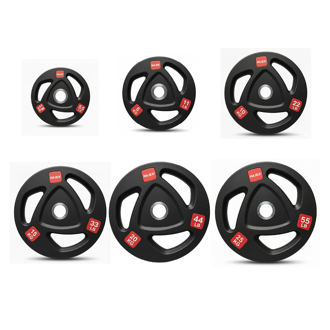 HAJEX Rubber Olympic Bumper Grip Weight Plates & Sets in LBs & KGs
