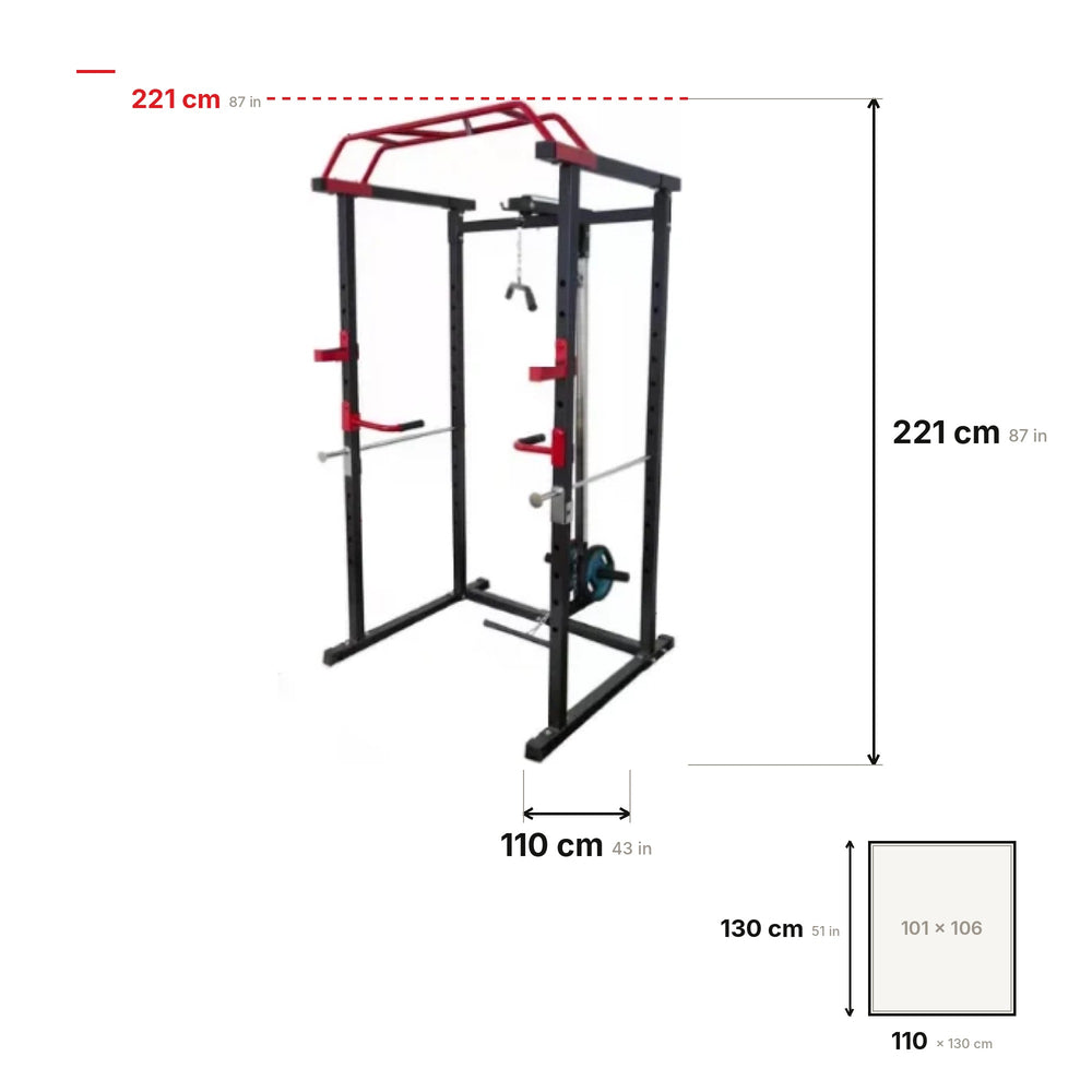 HAJEX Power Rack X1 dimensions: 110 × 130 × 221 cm (43 × 51 × 87 in), inside the cage 101 × 106 cm