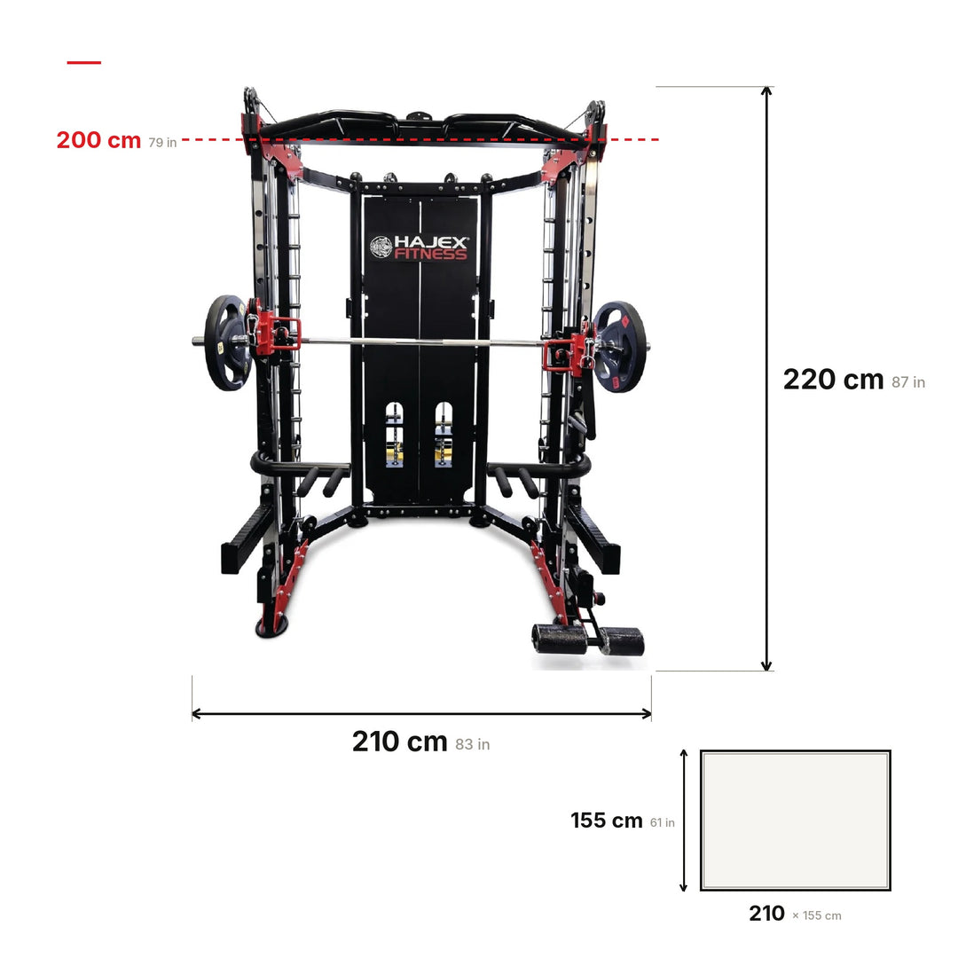 HAJEX Smith Machine X2 dimensions: 210 × 155 × 220 cm (83 × 61 × 87 in), pull-up bar at 200 cm